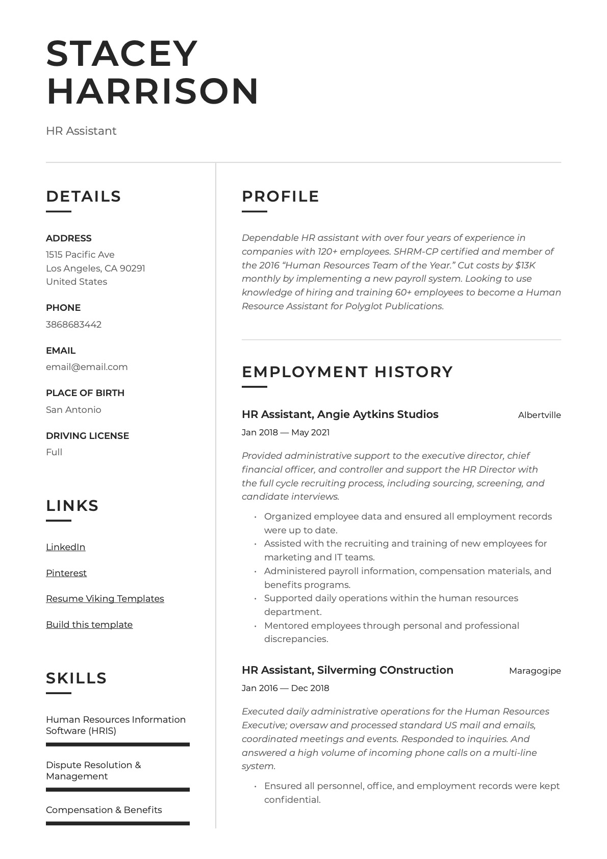 Modern HR Assistant Resume Example