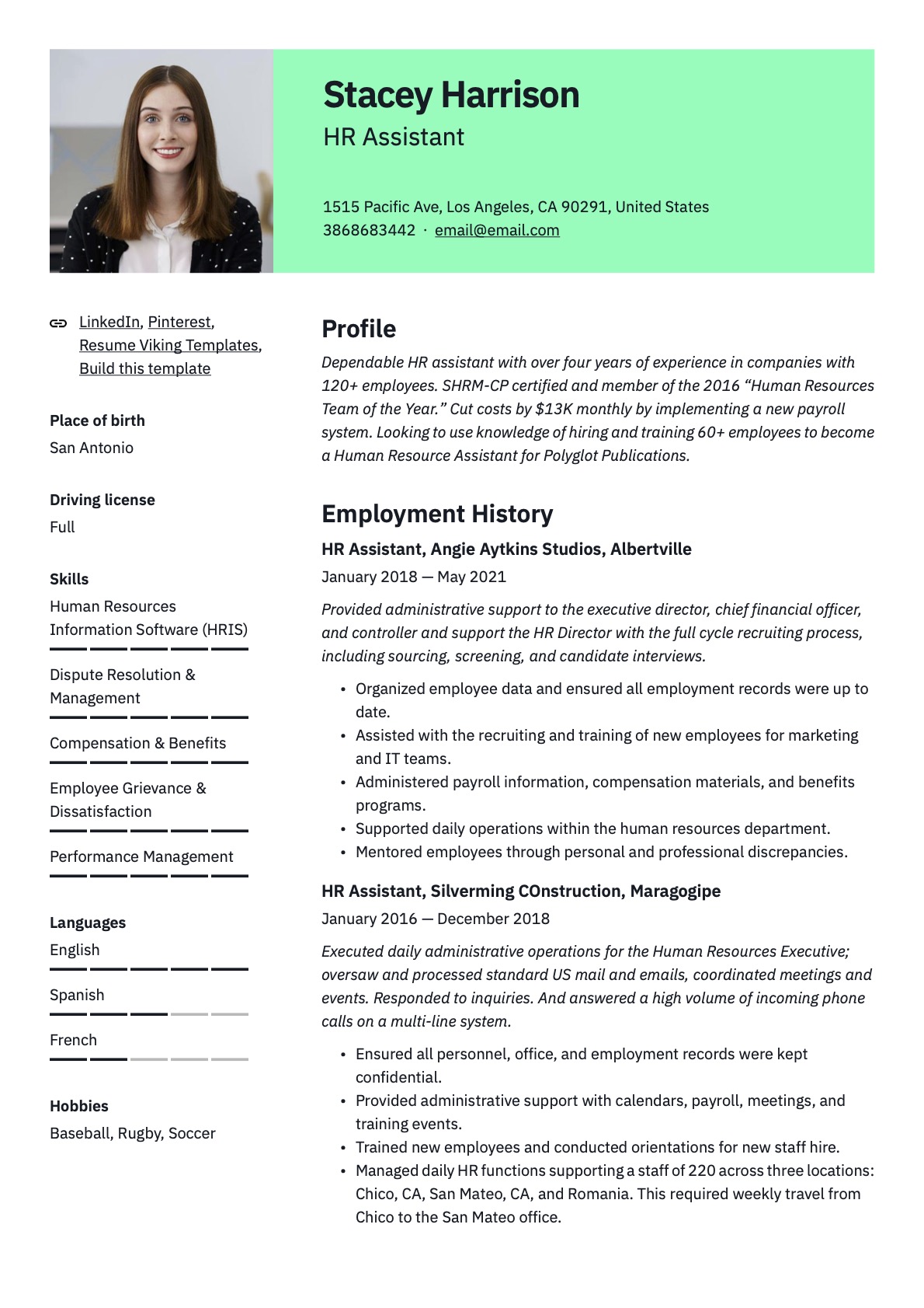 Professional HR Assistant Resume Green Template