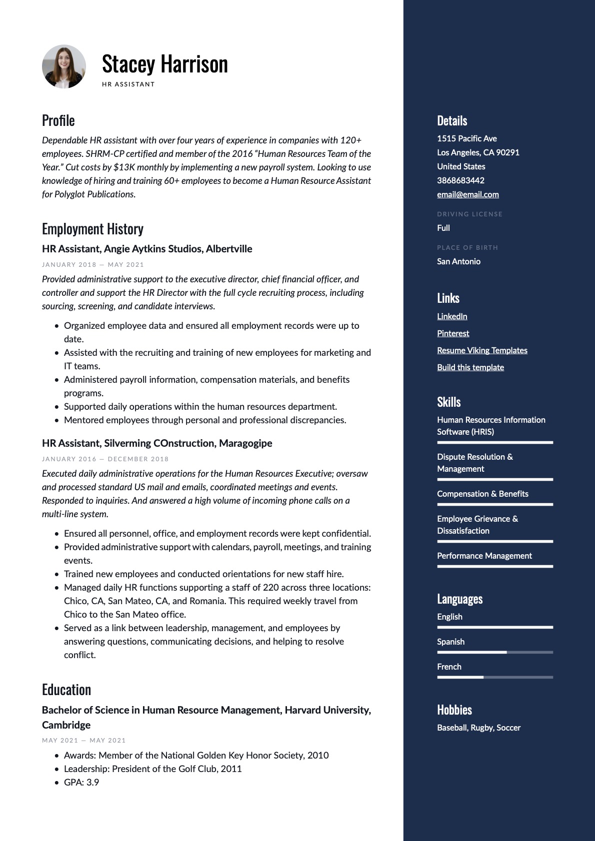 Modern HR Assistant Resume blue Example