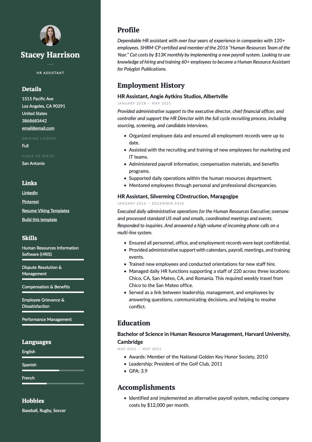 Professional HR Assistant Resume Green Example