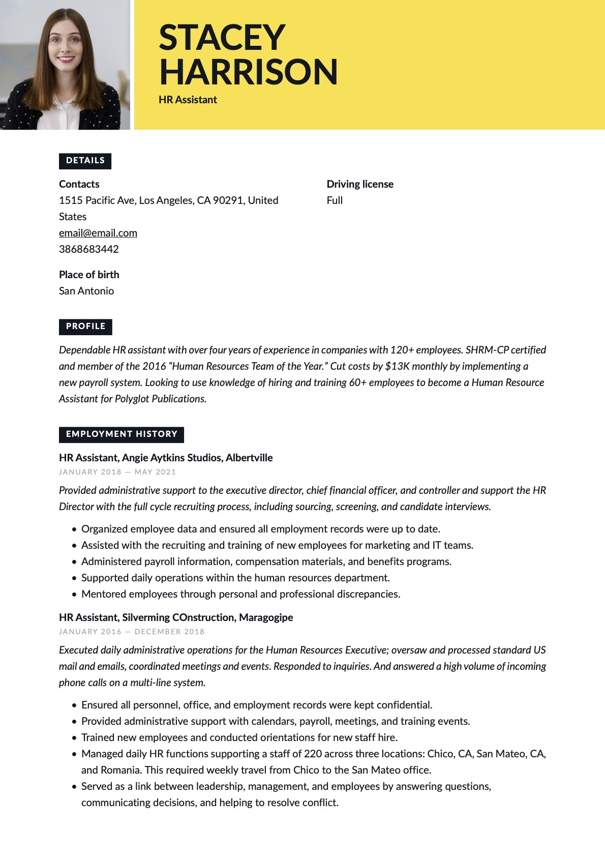 Creative HR Assistant Resume Yellow Template