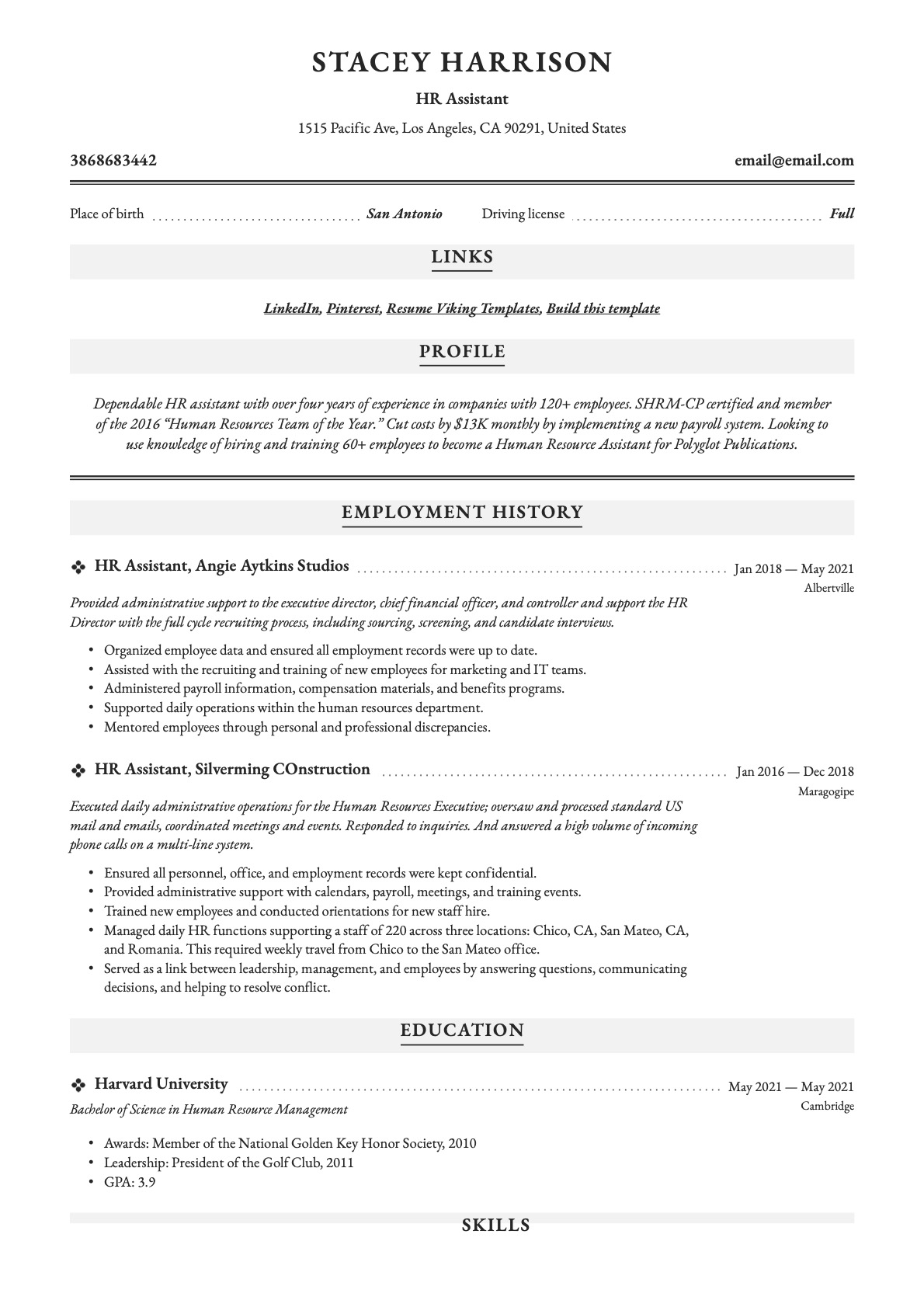 Professional HR Assistant Resume Example