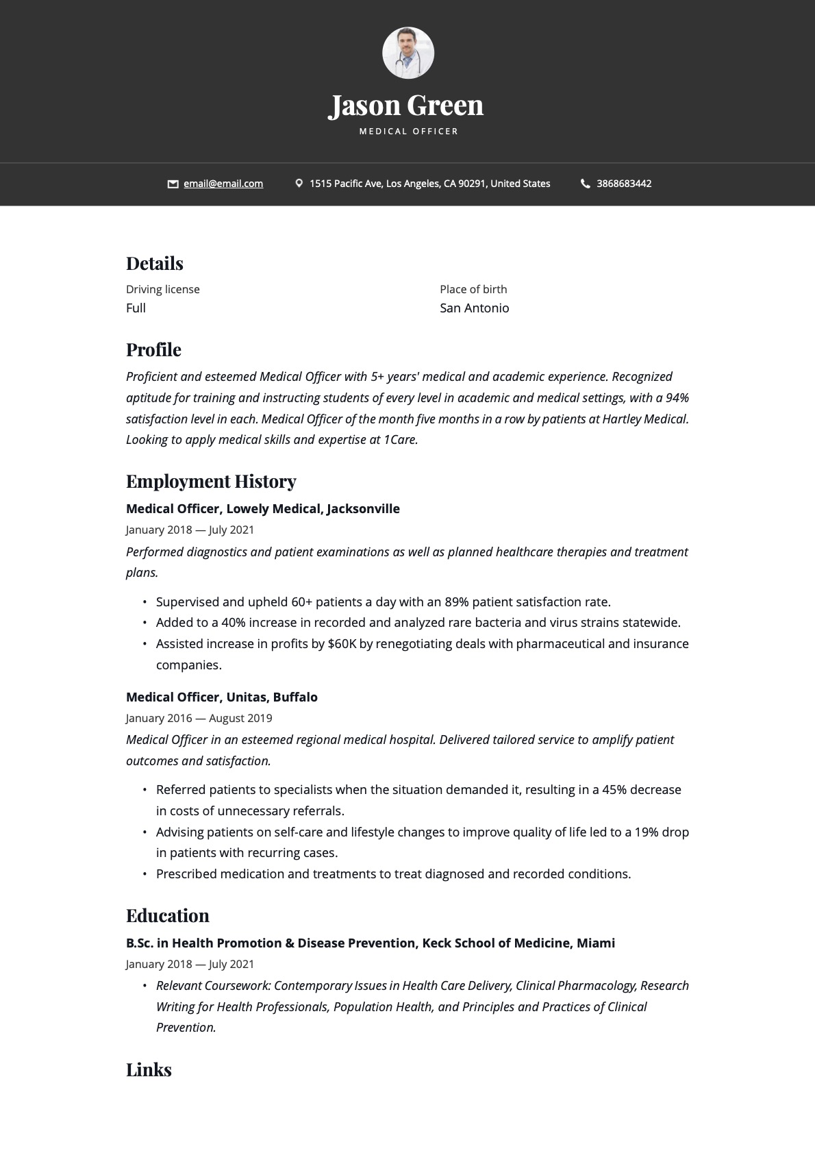 Simple Medical Officer Resume Example