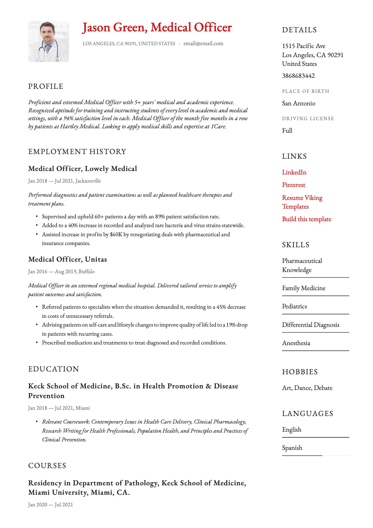 Simple Medical Officer Resume Template