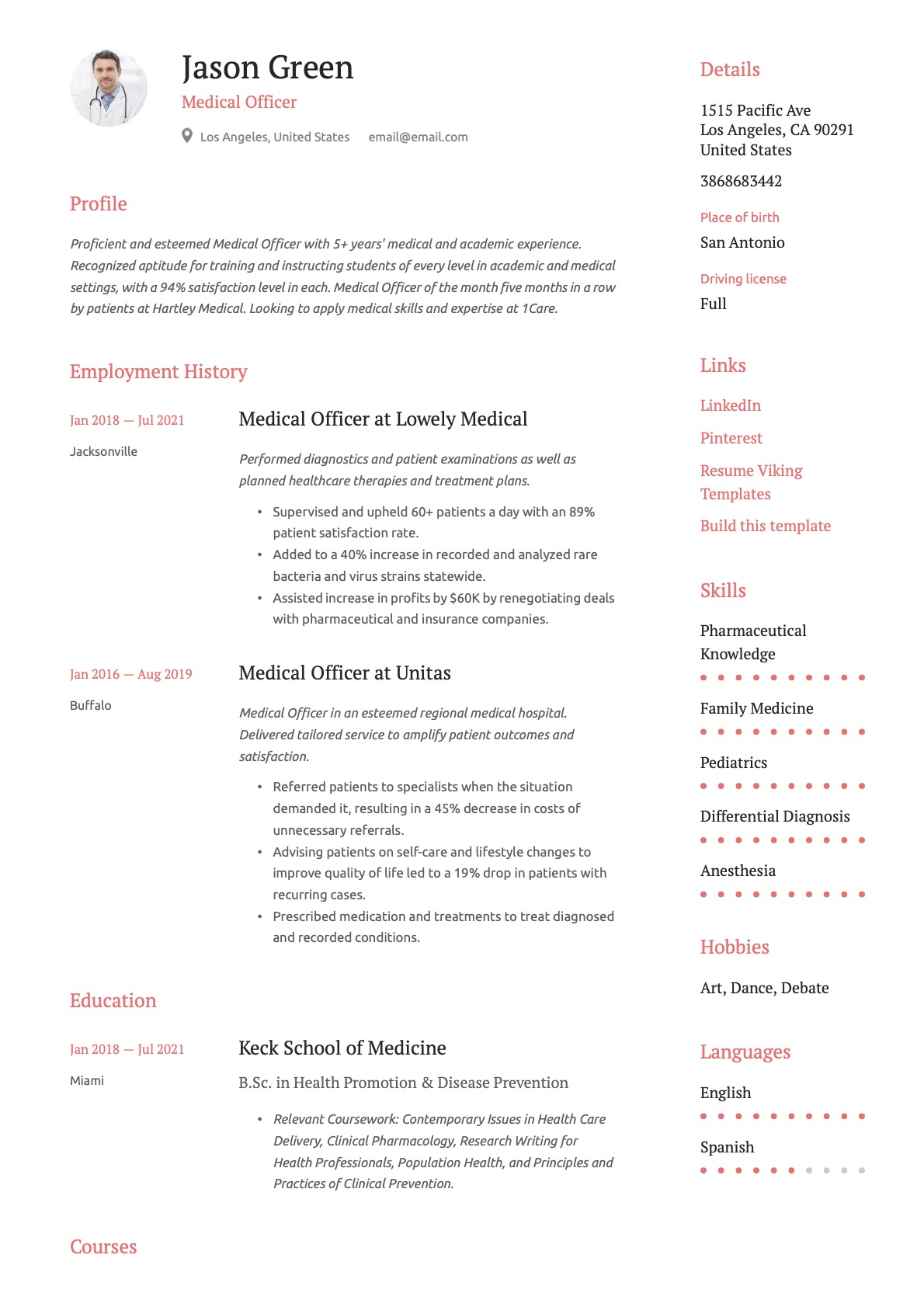 Simple Medical Officer Resume Example