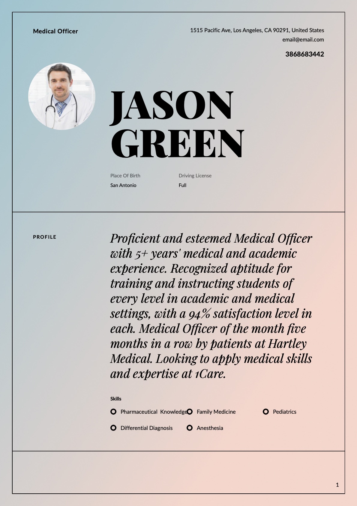 Creative Medical Officer Resume Example