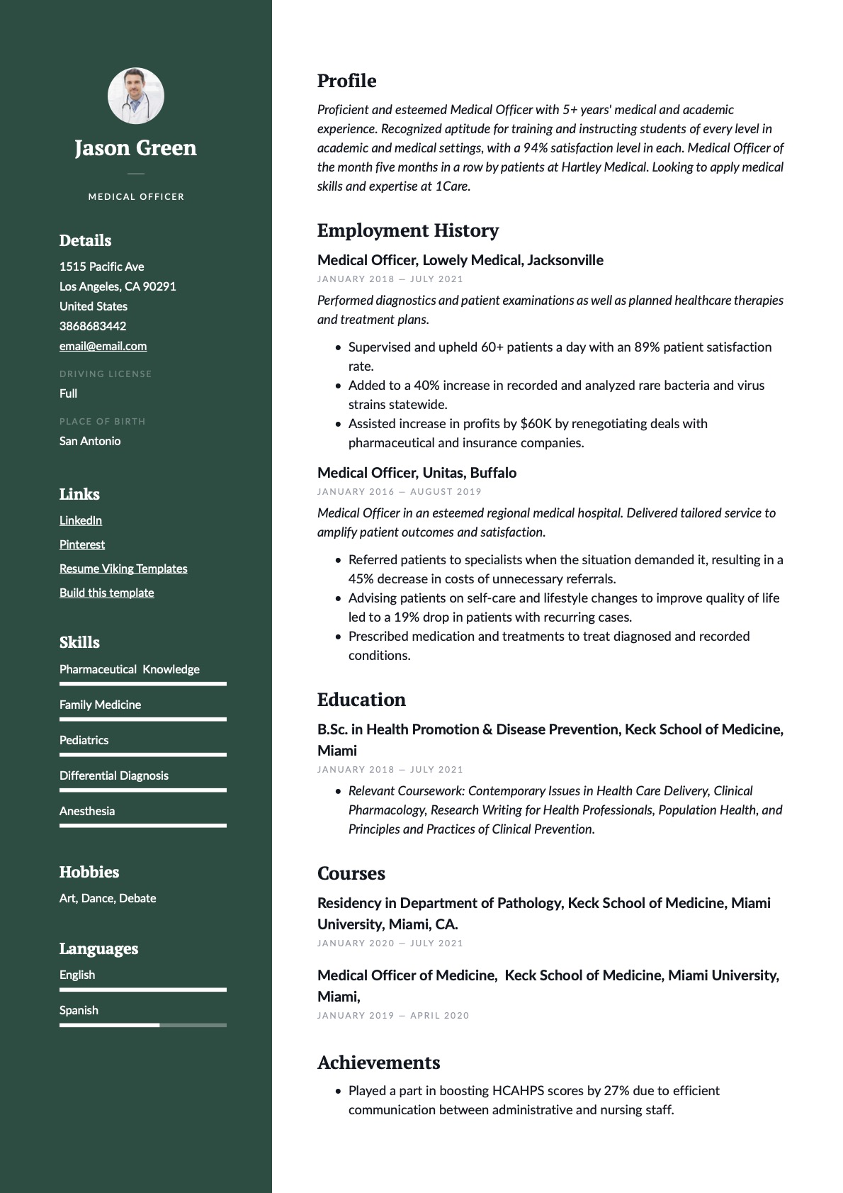 Professional Medical Officer Resume Green Example