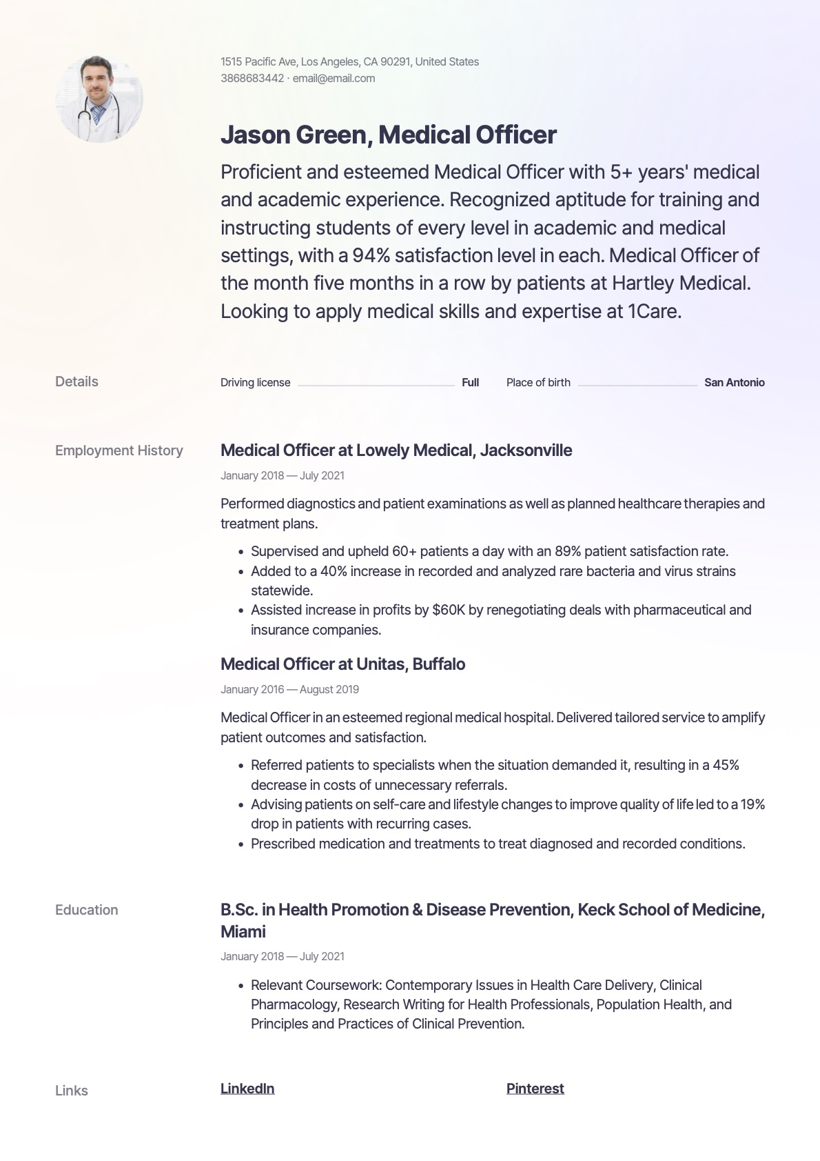 Creative Medical Officer Resume Template