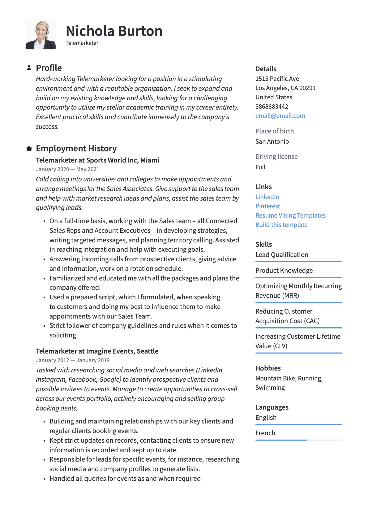 Professional Telemarketer Resume Template