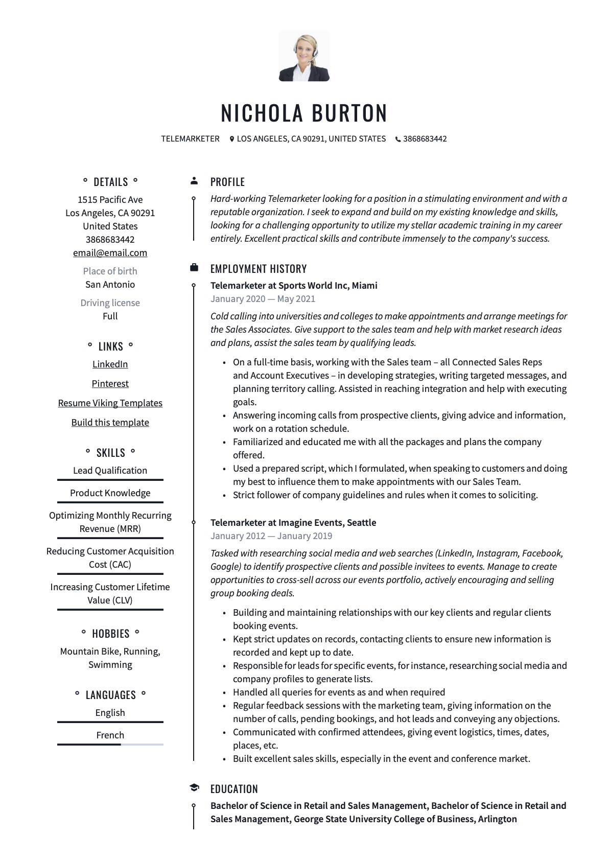 Professional Telemarketer Resume Example