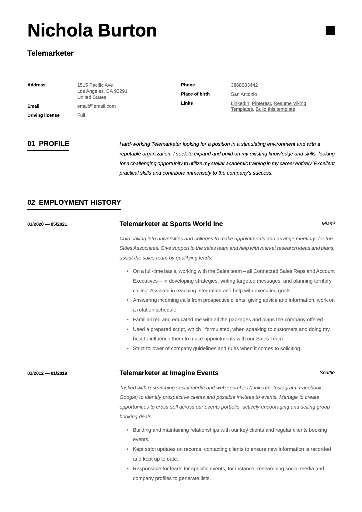Simple Telemarketer Resume Template
