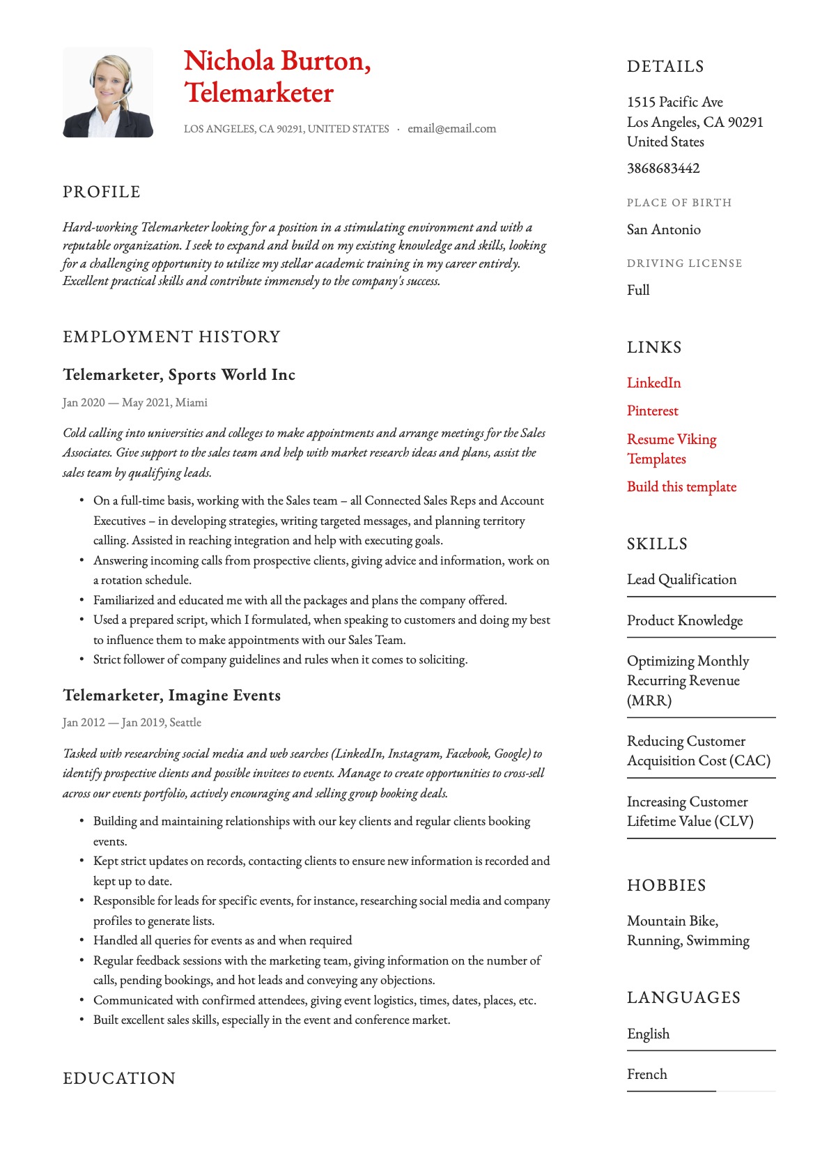 Simple Telemarketer Resume Template