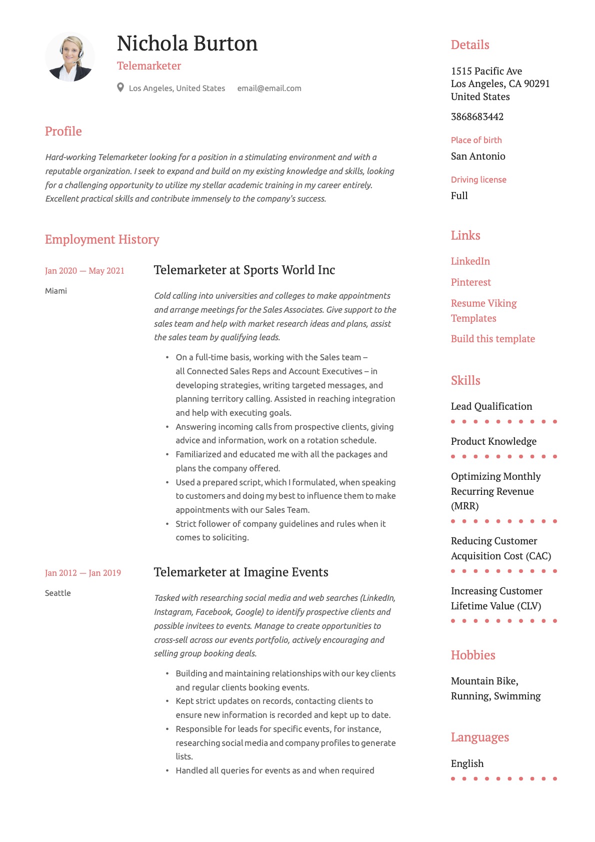 Simple Telemarketer Resume Example