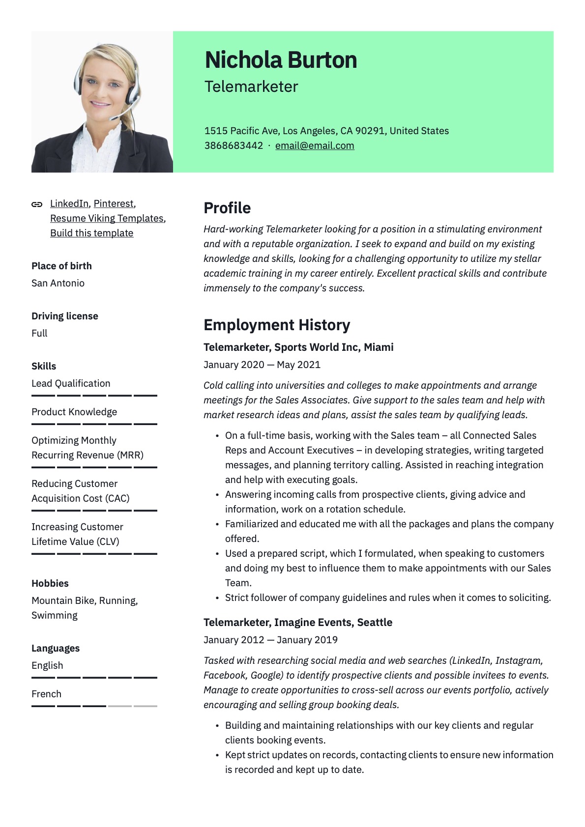 Professional Telemarketer Resume Green Template