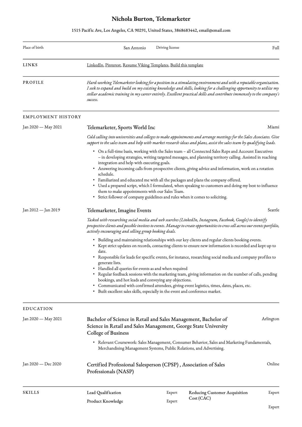 Professional Telemarketer Resume Template