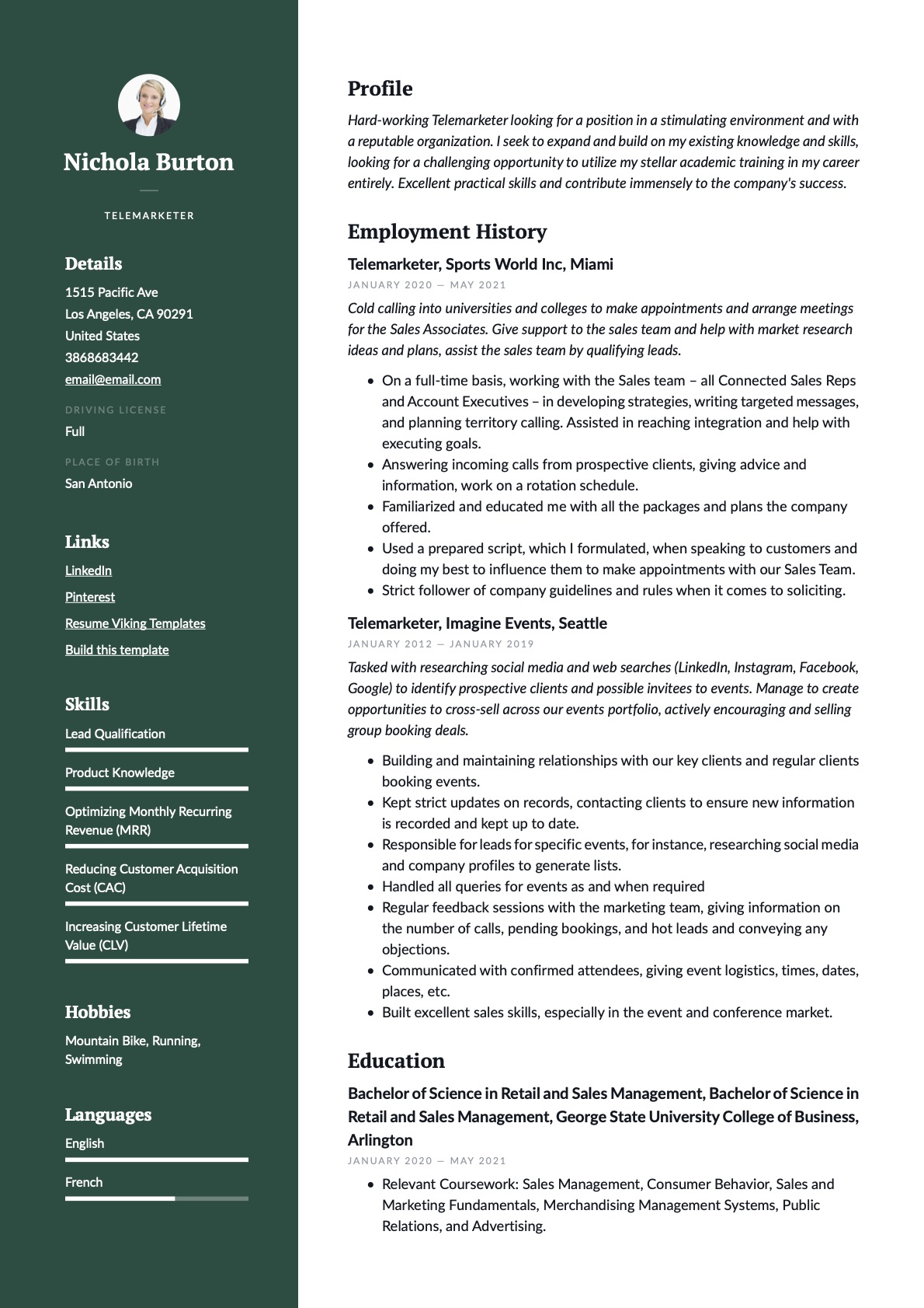 Professional Telemarketer Resume Green Example