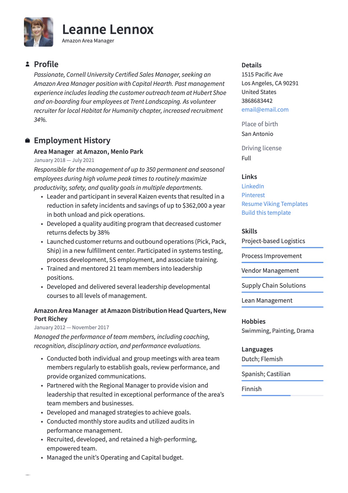 Professional Amazon Area Manager Resume Template