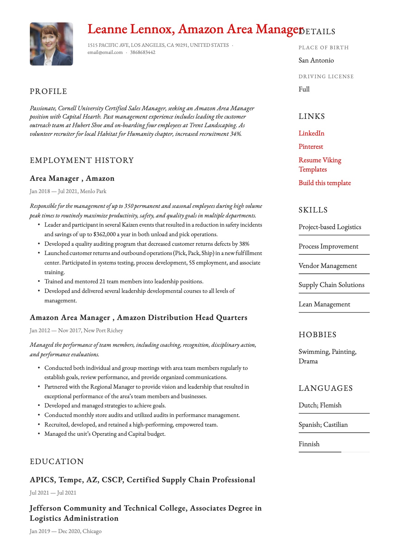 Amazon Area Manager Resume Template