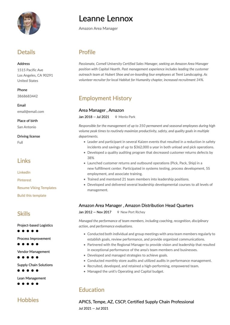 Simple Amazon Area Manager Resume Template