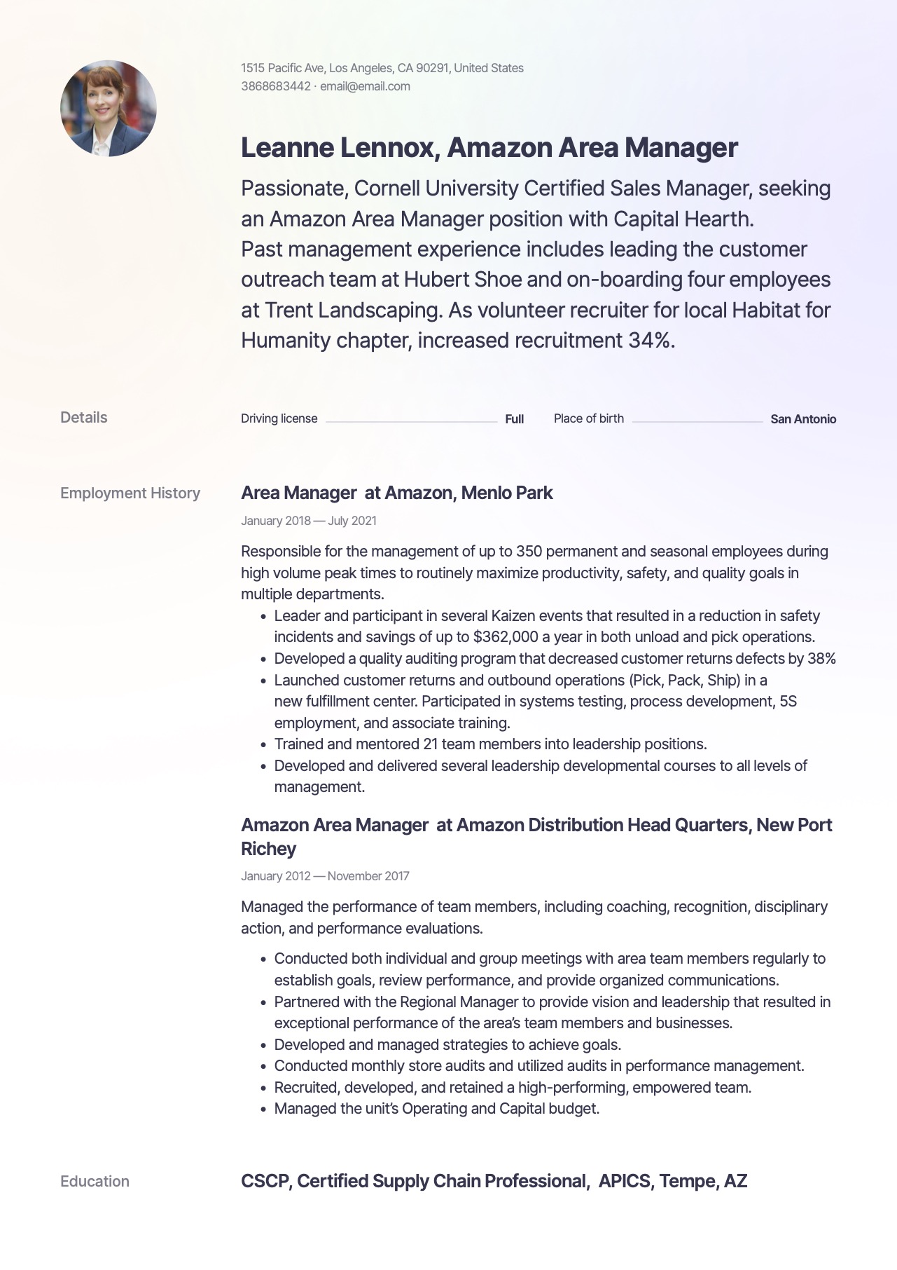 Amazon Area Manager Resume 