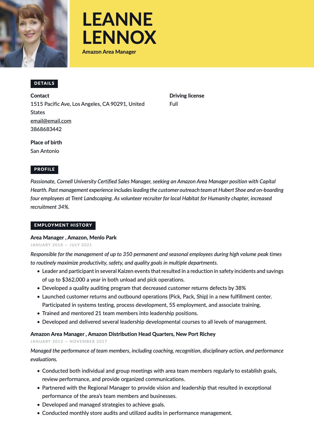 Creative Amazon Area Manager Resume Yellow Template