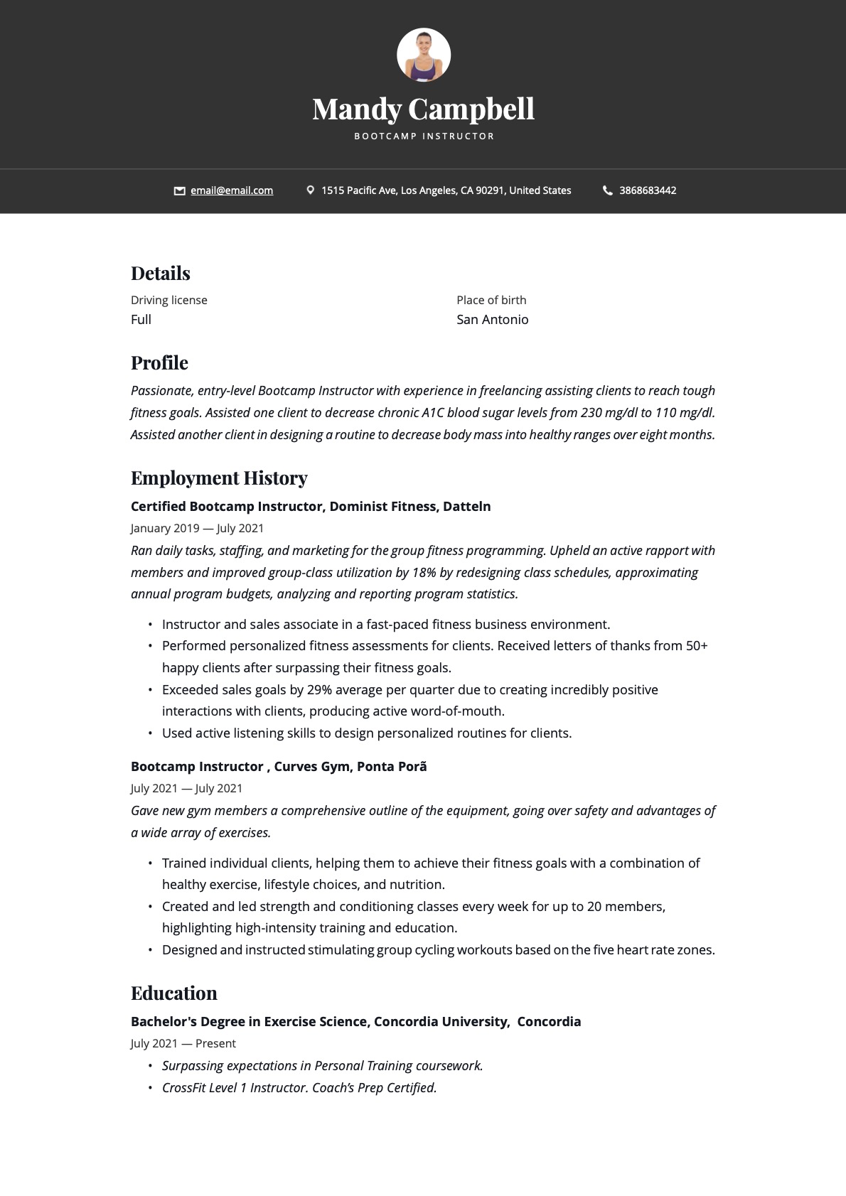Simple Bootcamp Instructor Resume Example