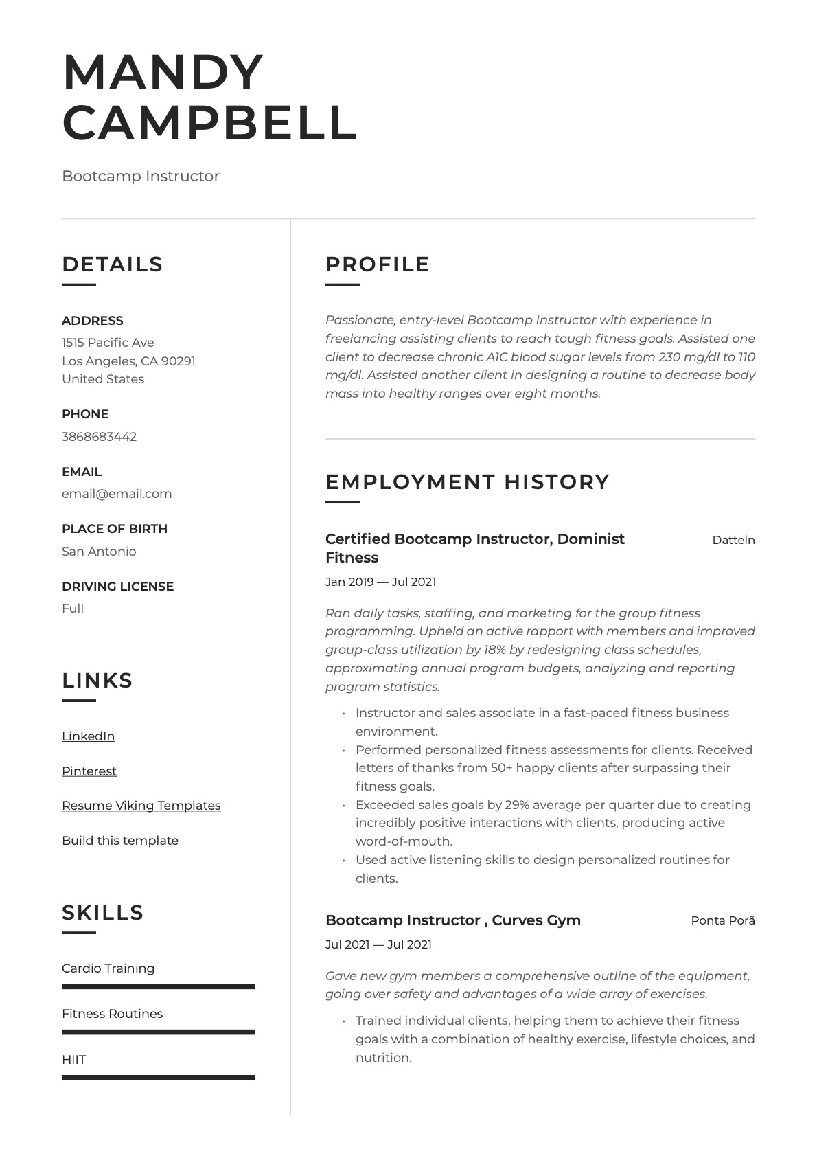 Modern Bootcamp Instructor Resume Example