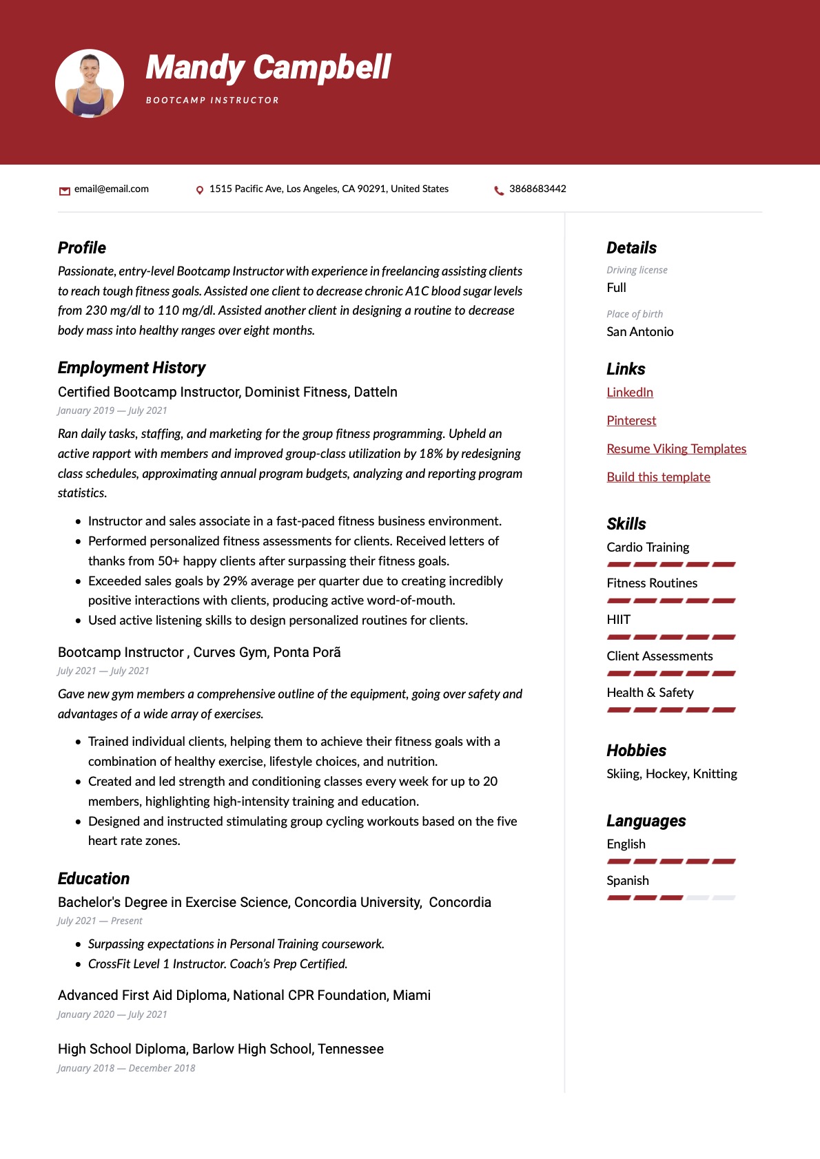 Modern Bootcamp Instructor Resume Red Example
