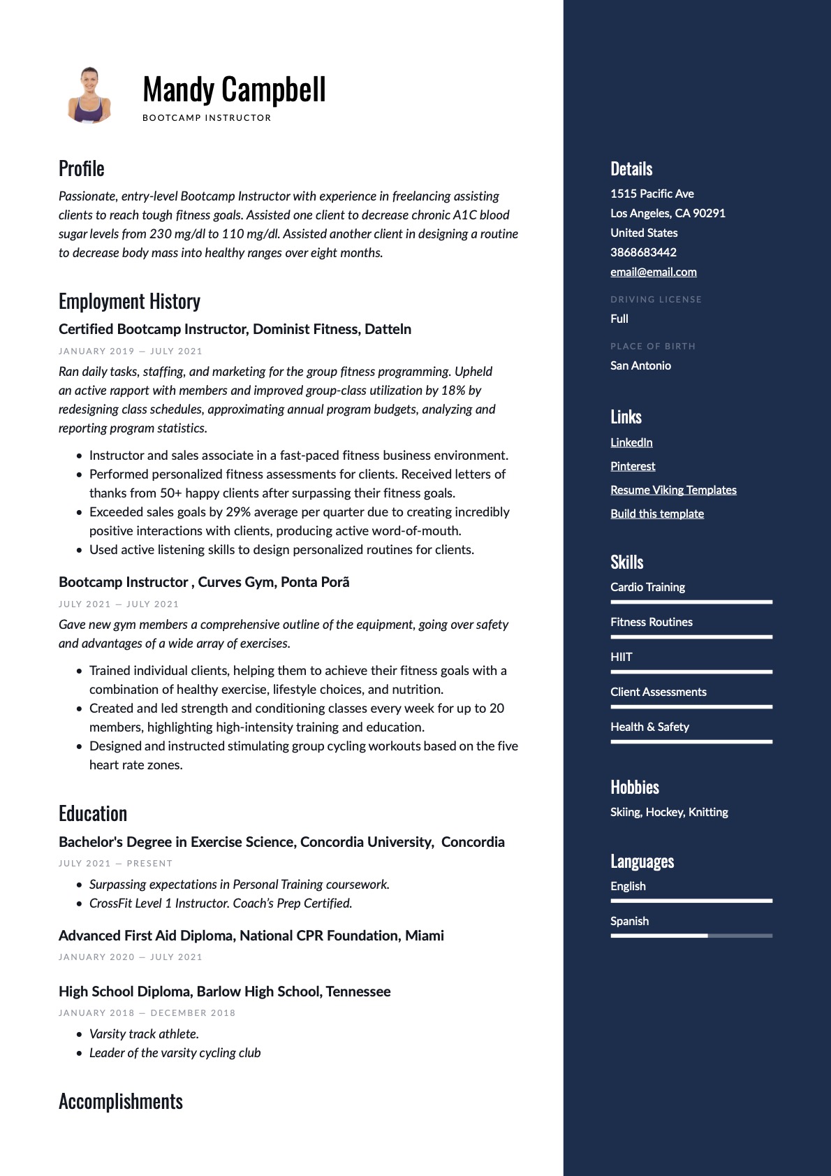 Modern Bootcamp Instructor Resume blue Example