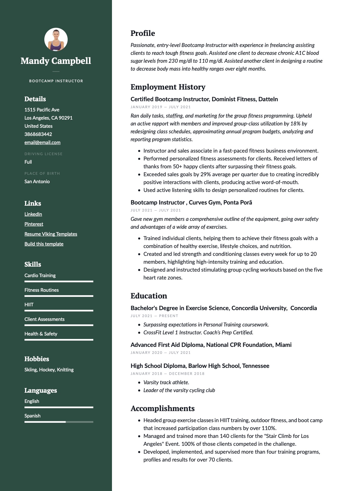 Professional Bootcamp Instructor Resume Green Example