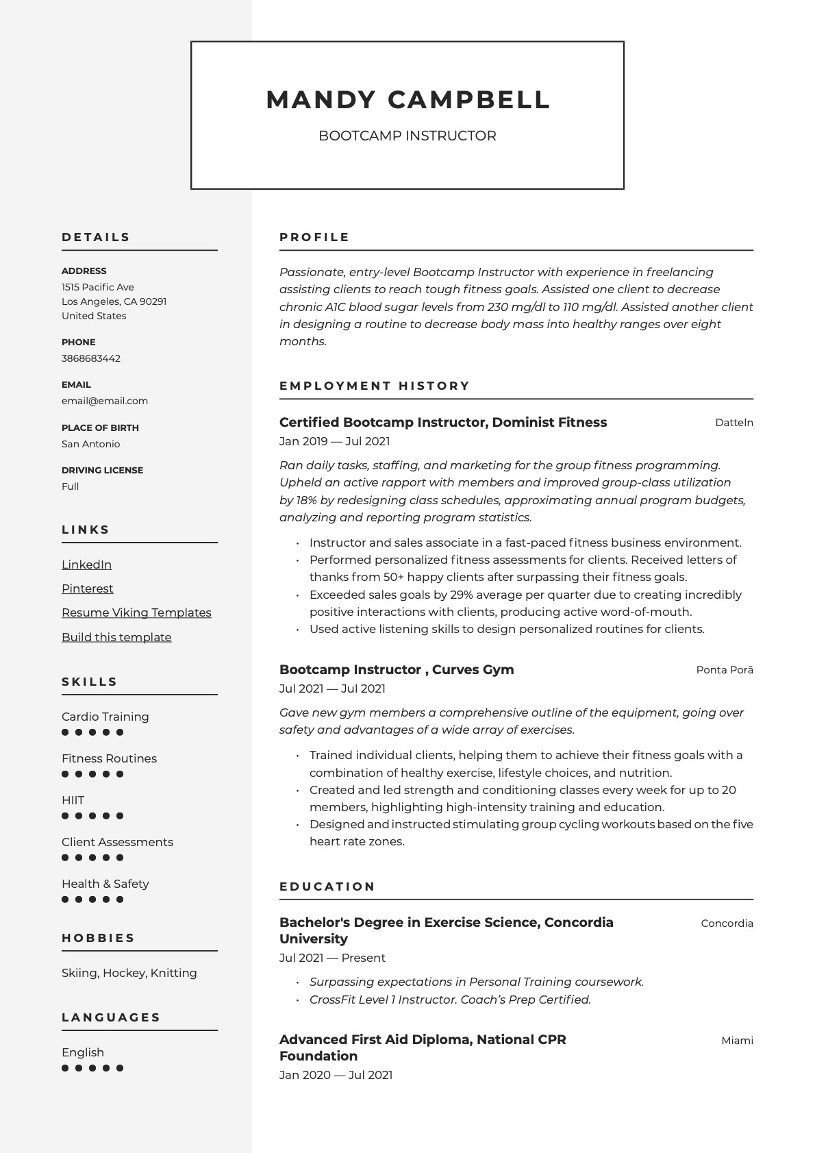 Modern Bootcamp Instructor Resume Example
