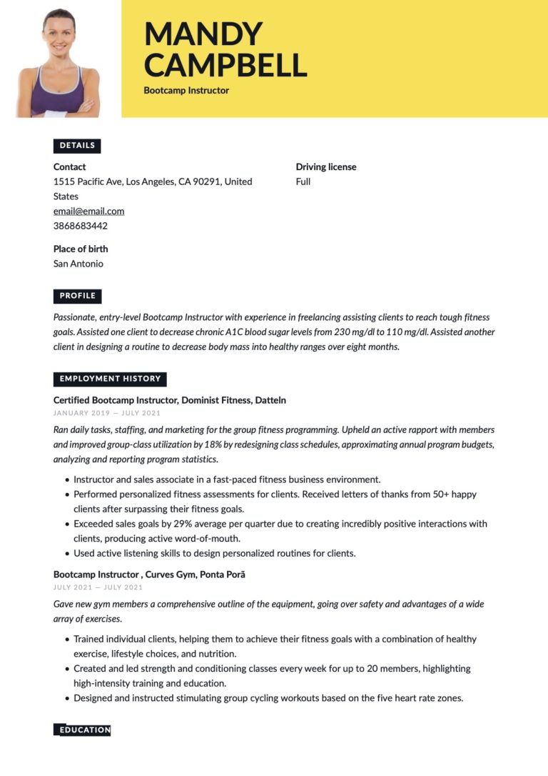 Creative Bootcamp Instructor Resume Yellow Template
