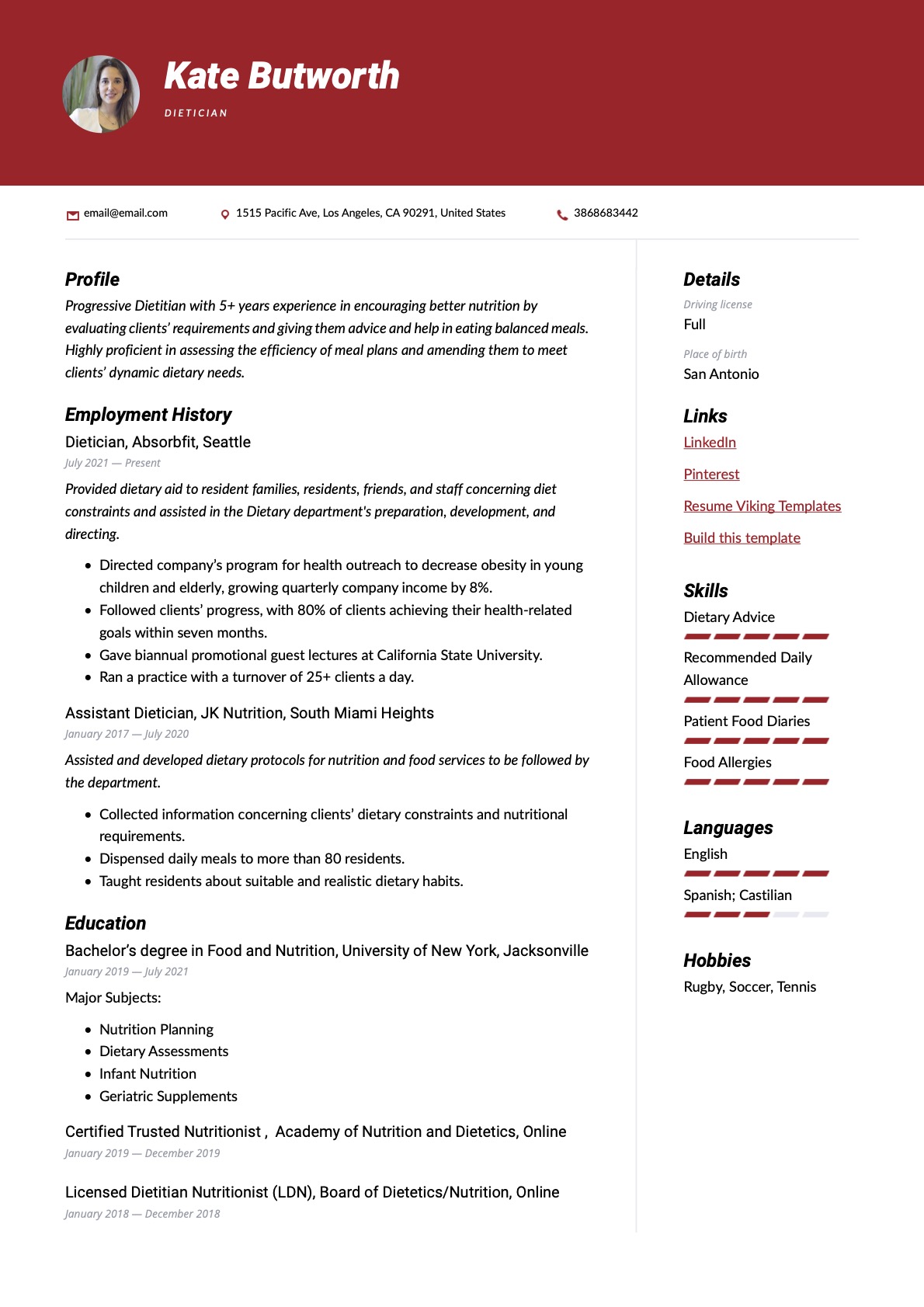 Modern Dietician Resume Red Example