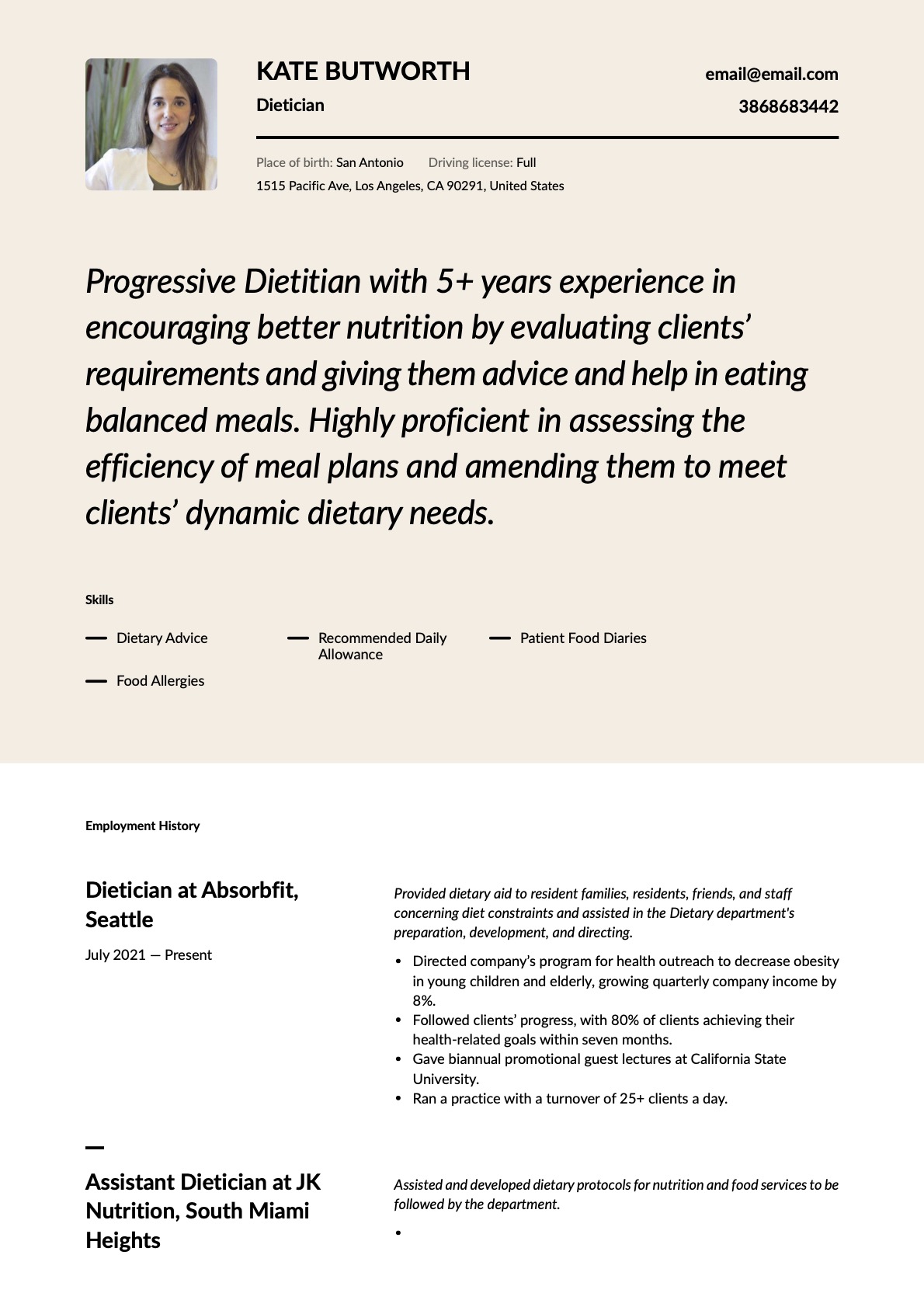 Modern Dietician Resume