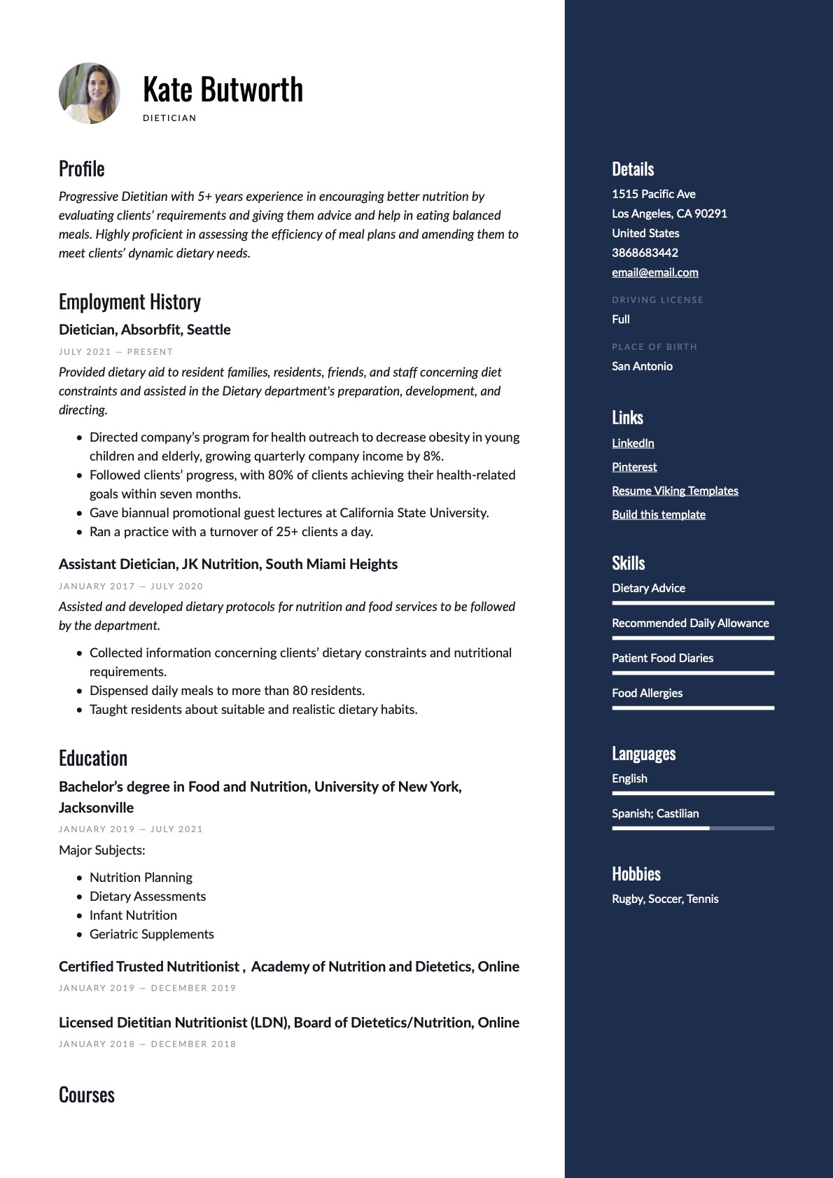 Modern Dietician Resume blue Example