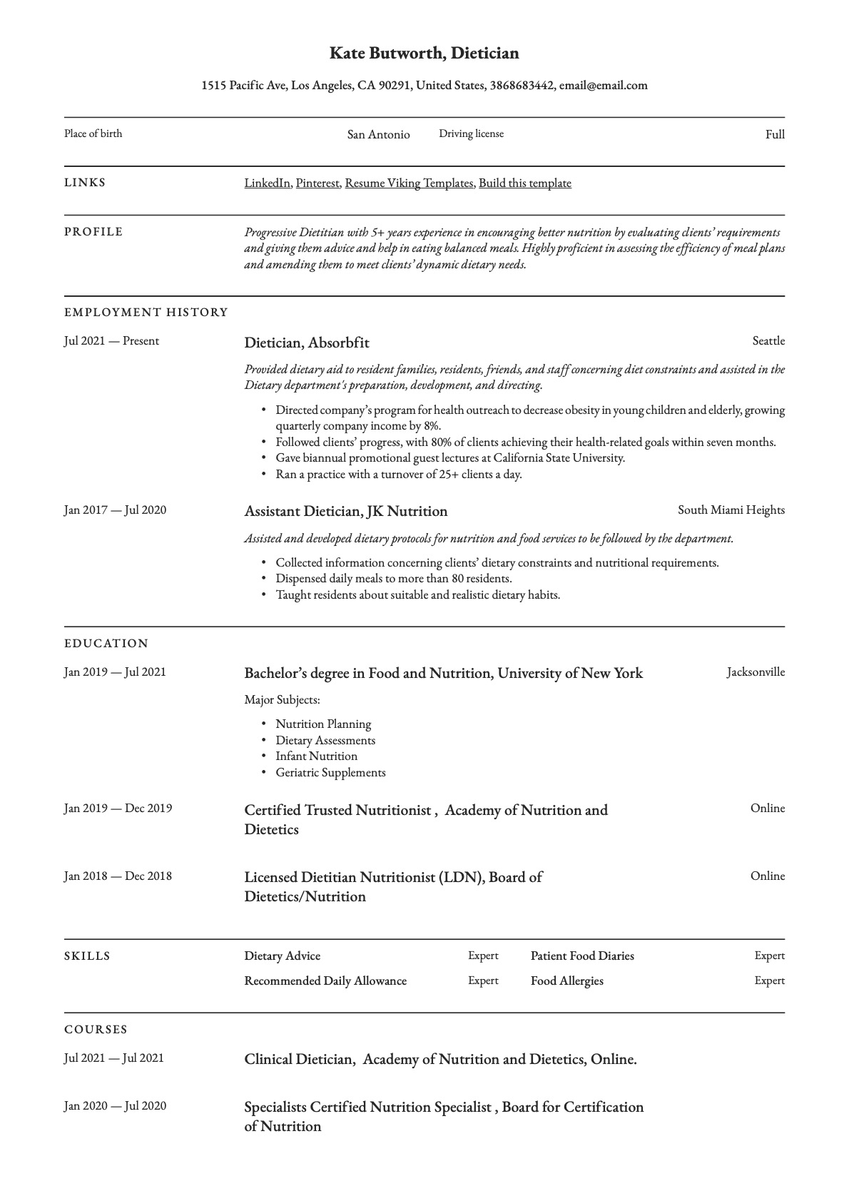 Professional Dietician Resume Template