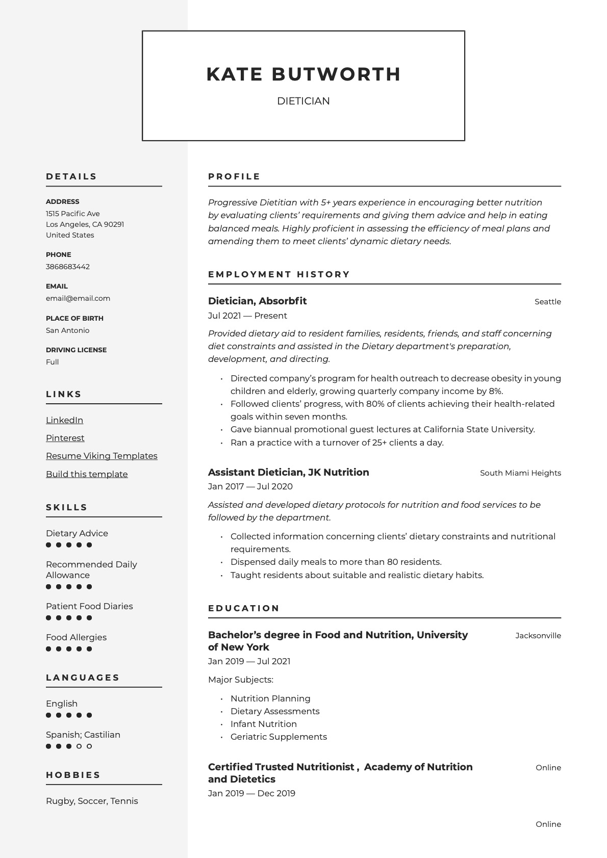 Modern Dietician Resume Example