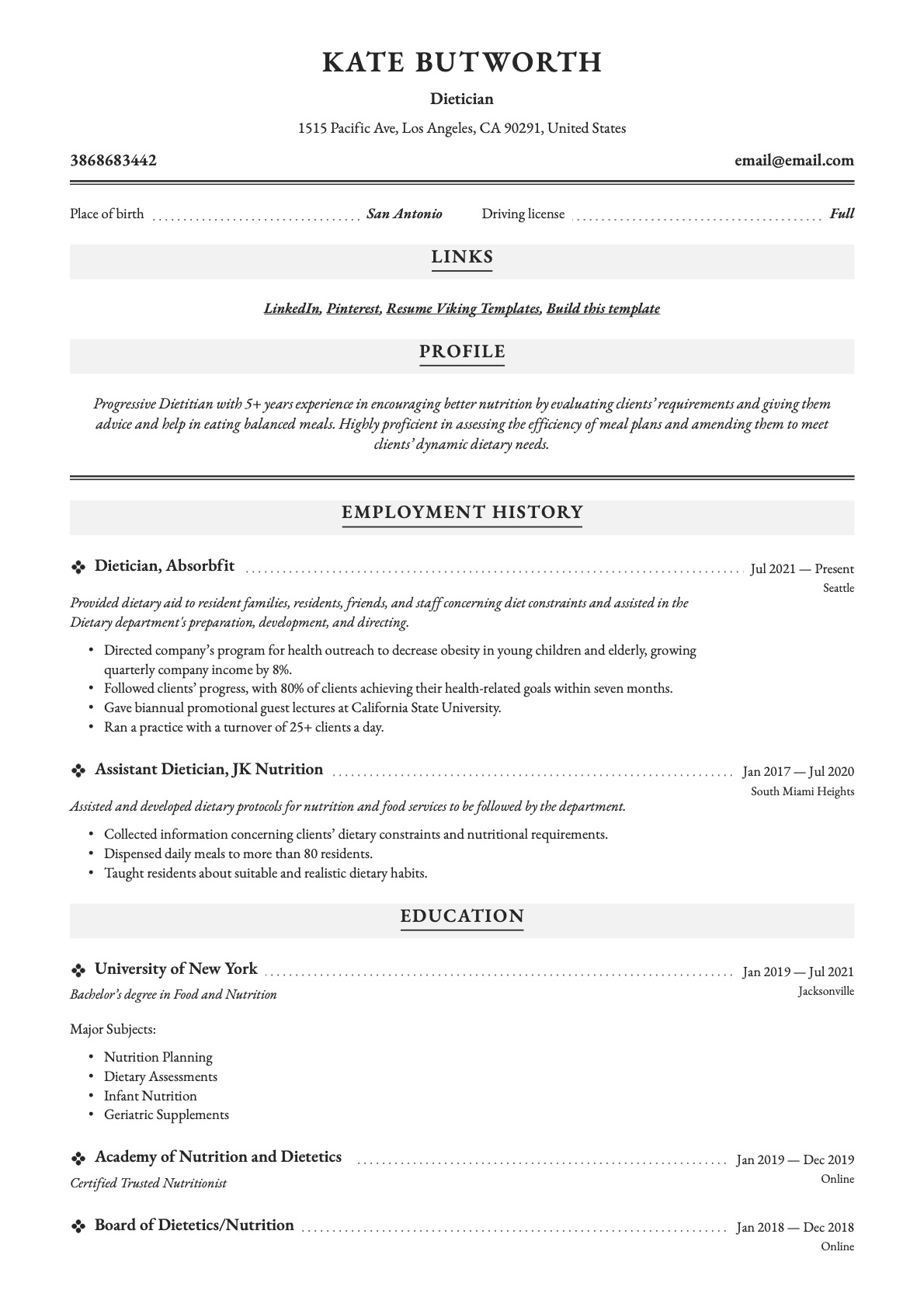 Dietician Resume Example