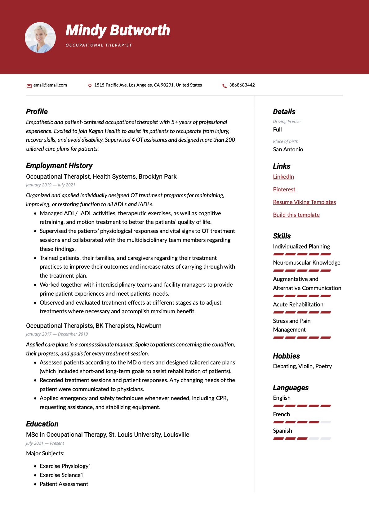Modern Occupational Therapist Resume Red Example