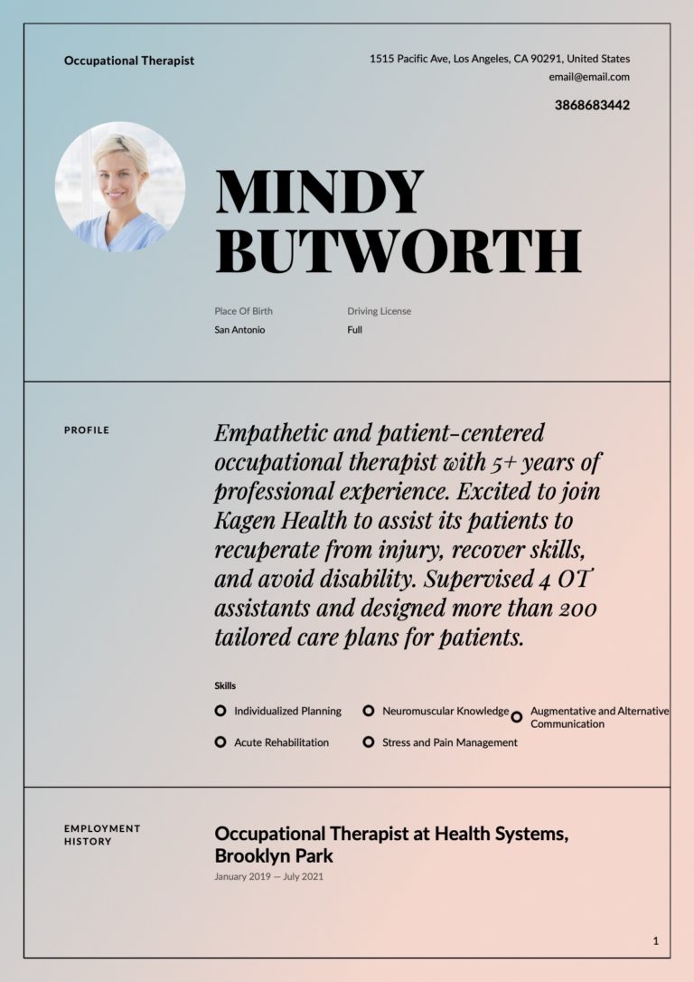 Creative Occupational Therapist Resume Example