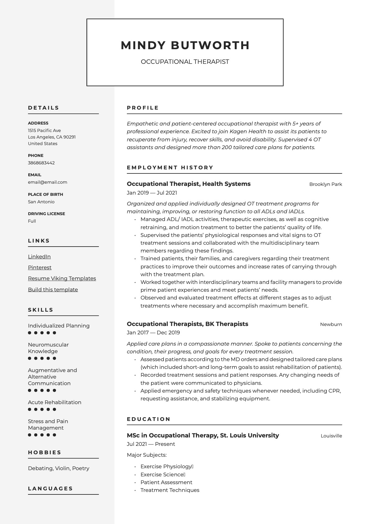 Modern Occupational Therapist Resume Example