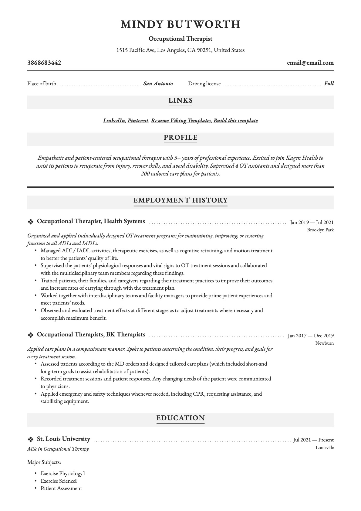 Occupational Therapist Resume Sample