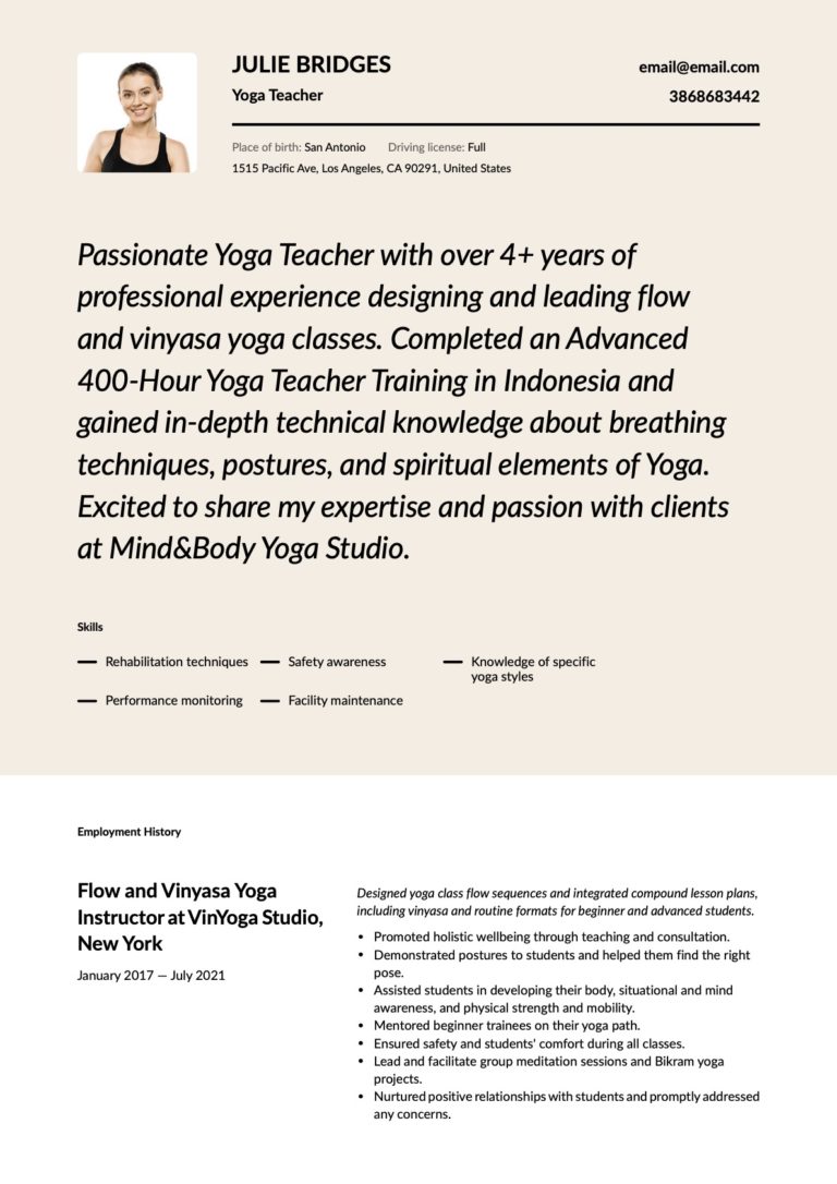Modern Yoga Teacher Resume Template