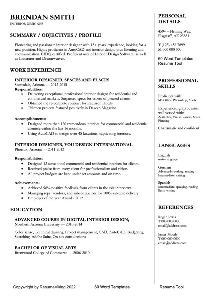 Interior Designer Word Resume document