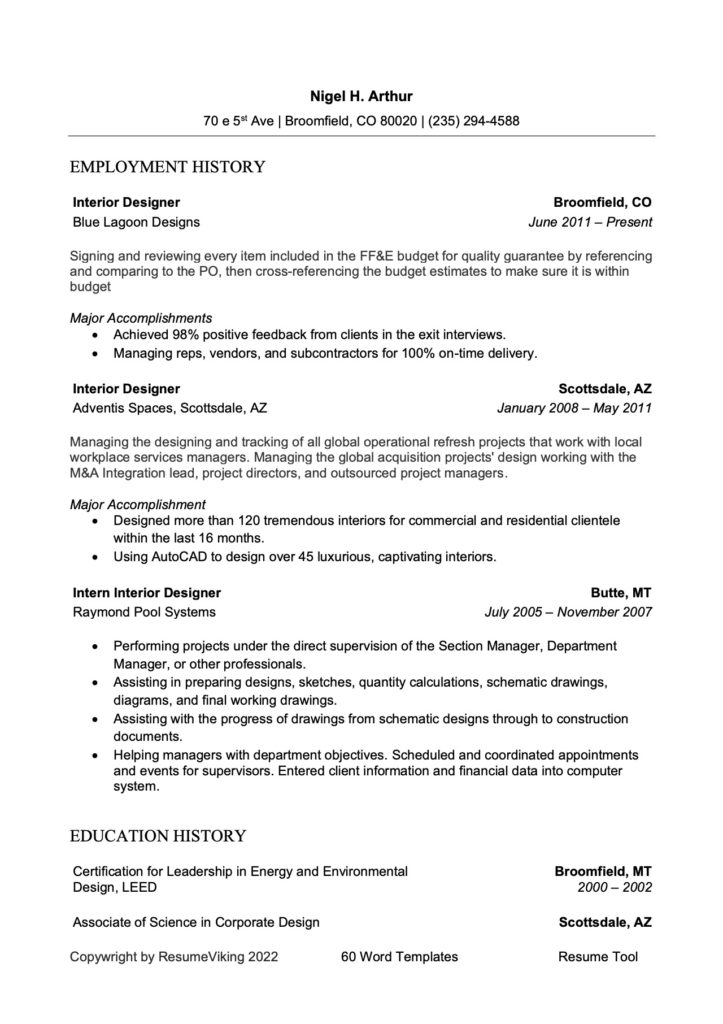 Interior Designer Word Resume document