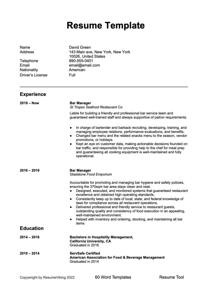 Bar Manager Word Resume document