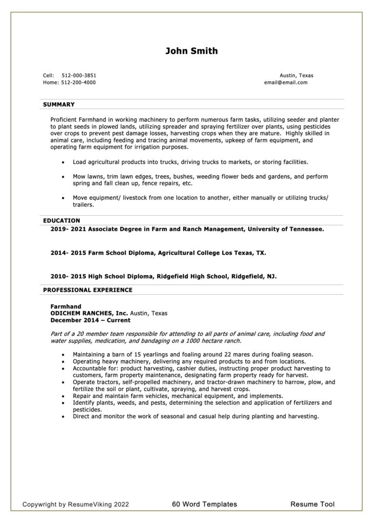 Farmhand Word Resume document
