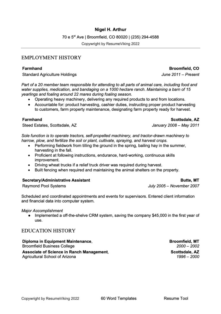 Farmhand Word Resume document