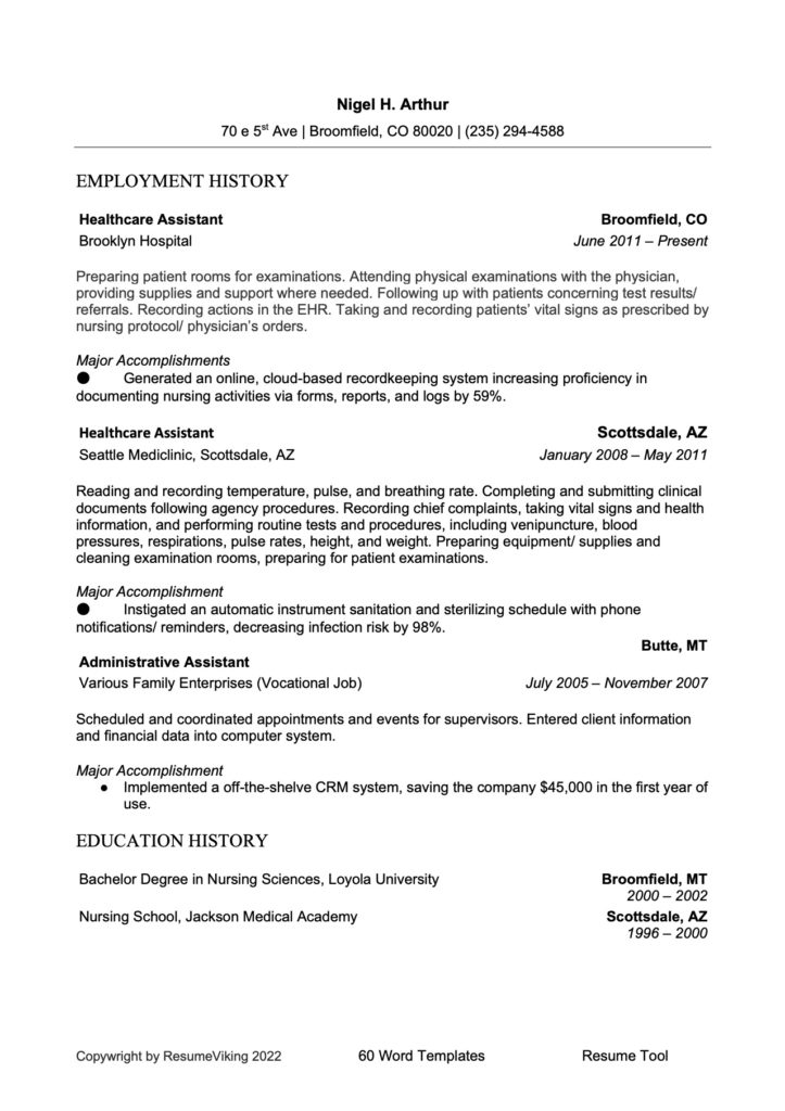 Healthcare Assistant Word Resume