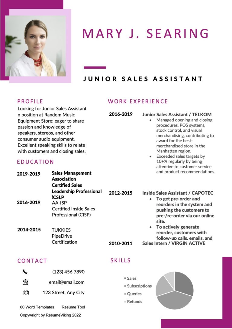 Junior Sales Assistant Word Resume document